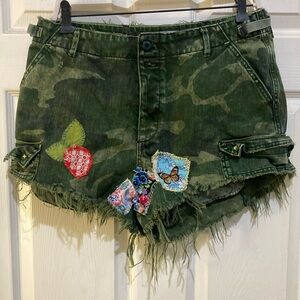 We the Free Green Cargo Camo Shorts with Distressed Hem and Hand Sewn Patches